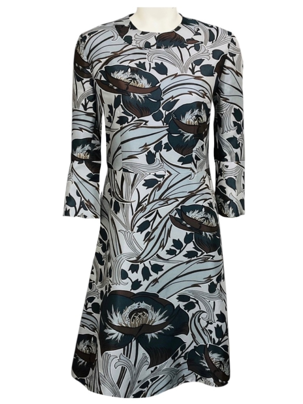 MARNI LIGHT BLUE / GREY MULTI FLORAL PRINTED FLARED MIDI DRESS